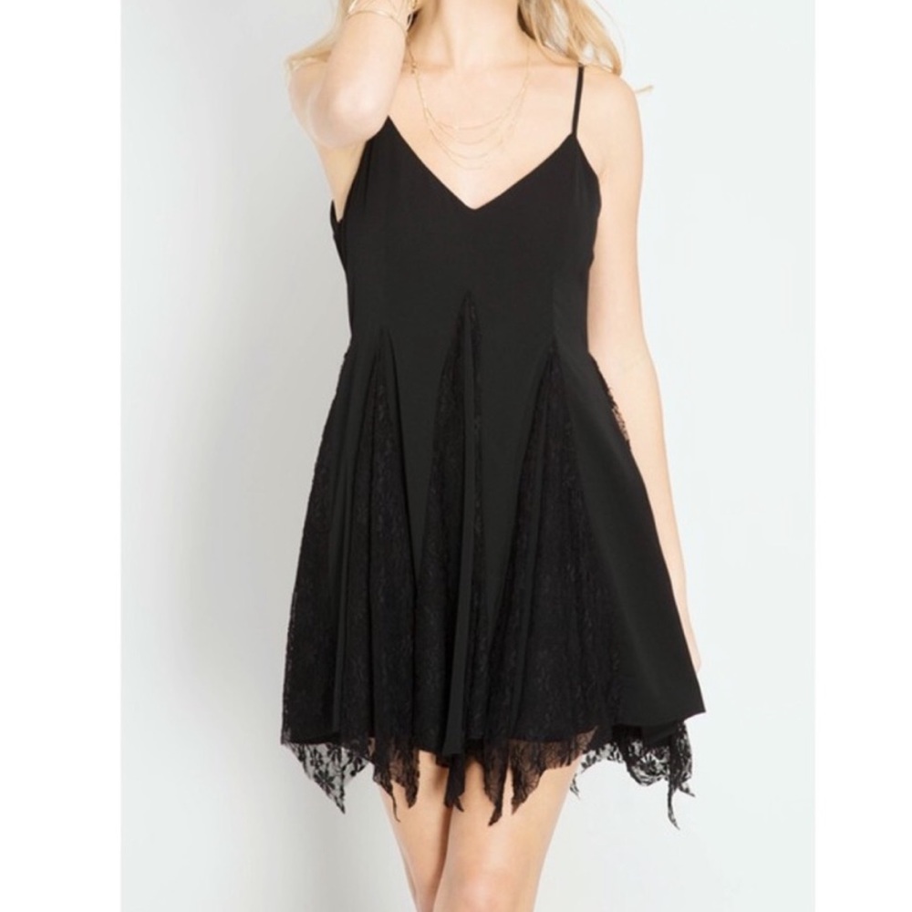 Black Spaghetti Strap Cami Dress with Handkerchief Lace Contrast Flare Dress